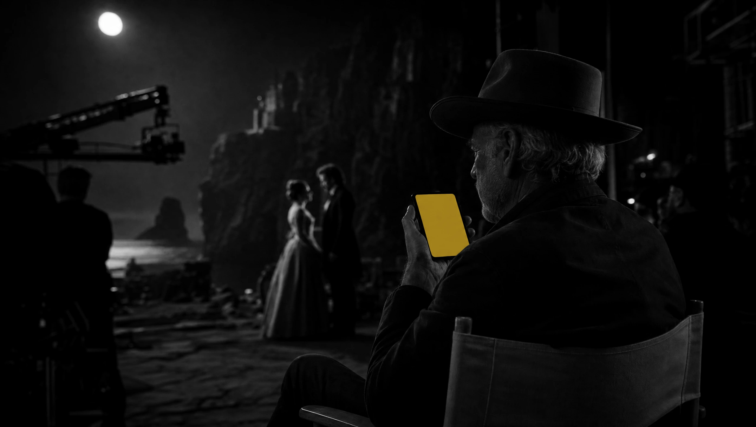 A director in a felt hat watching two actors on a moonlit set, his phone raised to record